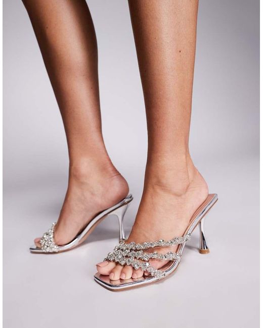 SIMMI Pink Blushing Mirror Diamante Mid Heel Mules