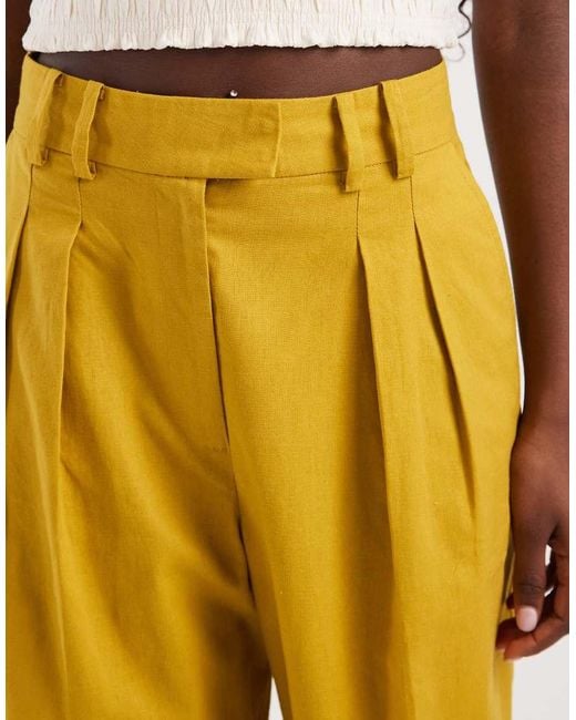 ASOS Yellow Tailored Linen Look Wide Leg Pants With Pleat Detail