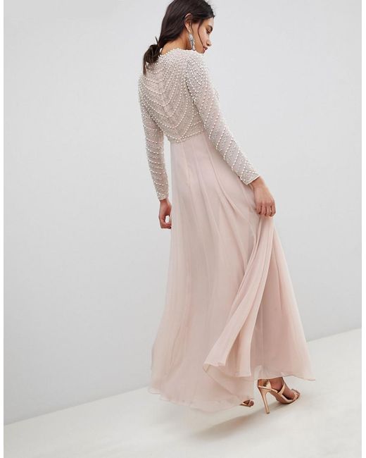 ASOS Premium Pearl Embellished Long Sleeve Maxi Dress in Pink