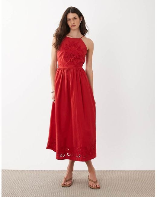 Mango 100% Cotton Halterneck Embroidered Maxi Dress With Open Back Detail