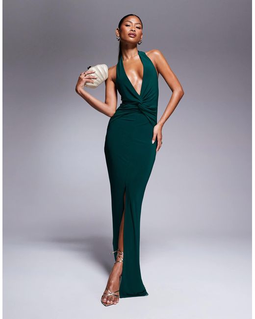 Robe longue a decollete plongeant torsadee a l avant bouteille ASOS en coloris Vert Lyst
