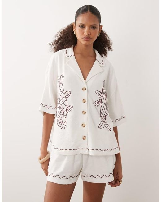 ASOS White Textured Jersey Revere Shirt Co-Ord With Fish Embroidery