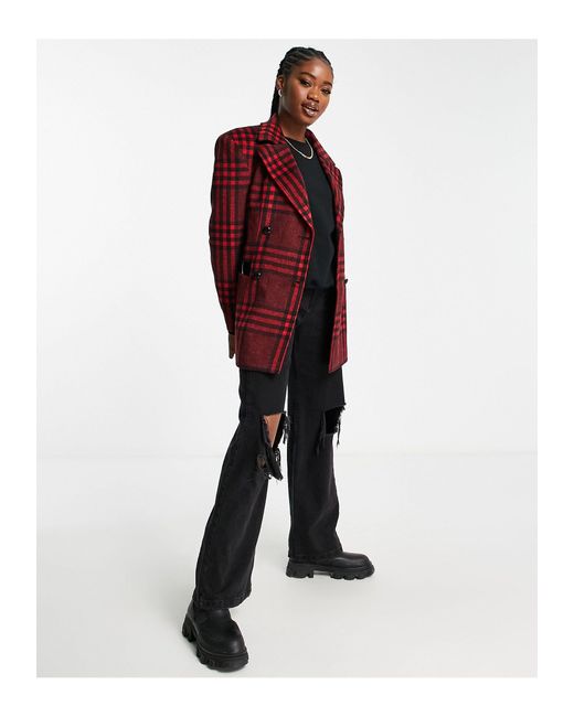 Miss Selfridge Red Check Blazer Jacket With Extreme Shoulders
