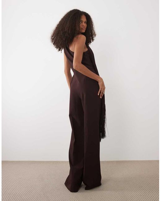 Mango Brown One Shoulder Jumpsuit With Tassel Scarf