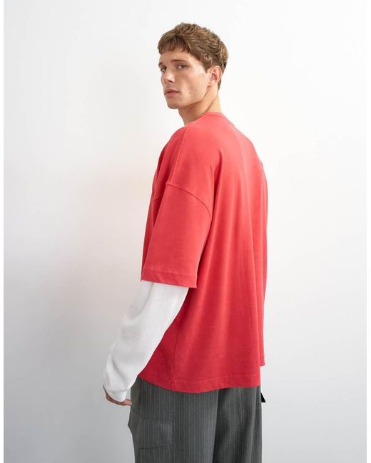 Topman Red Relaxed Fit Crop Laye T-shirt With Waffle Sleeve for men