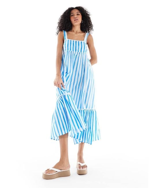 New Look Blue Stripe Tie Back Ruffle Midi Dress