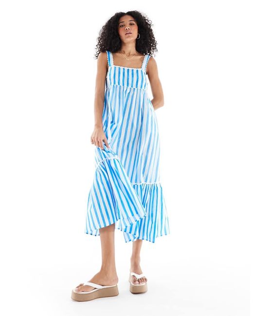 New Look Gestreepte Midi Jurk Met Gestrikte Achterkant En Ruches in het Blue