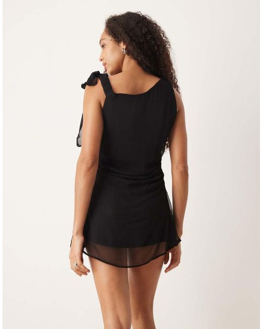 Vrg Grl Black Off The Shoulder Tie Detail Mesh Mini Dress