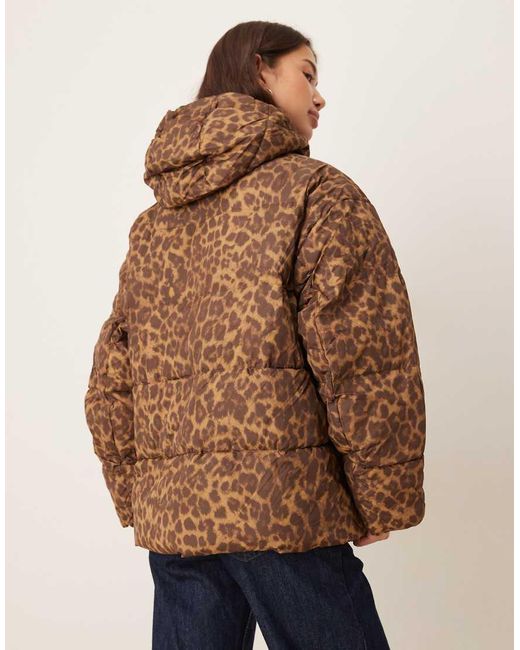 JJXX Brown Puffer Jacket With Leopard Print