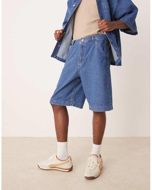 ASOS Lange Denim Jort Met Naaddetails in het Blue voor heren