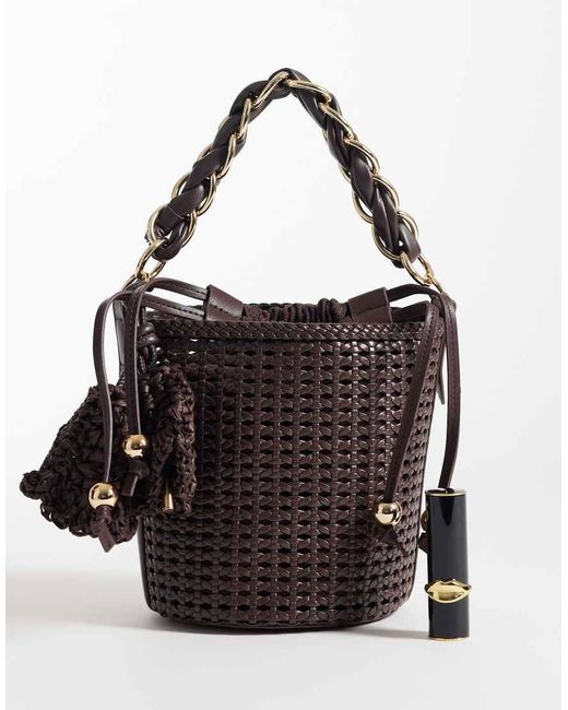 River Island Black Metal Handle Woven Bucket Bag