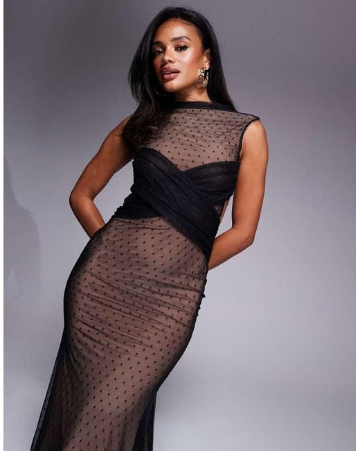ASOS Hoogsluitende Maxi Jurk Van Mesh Met Gedrapeerde, Gekruiste Voorkant in het Brown