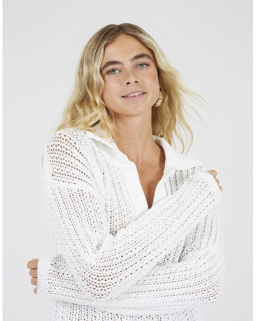 Brave Soul White Collared V-Neck Open Mesh Knit Jumper