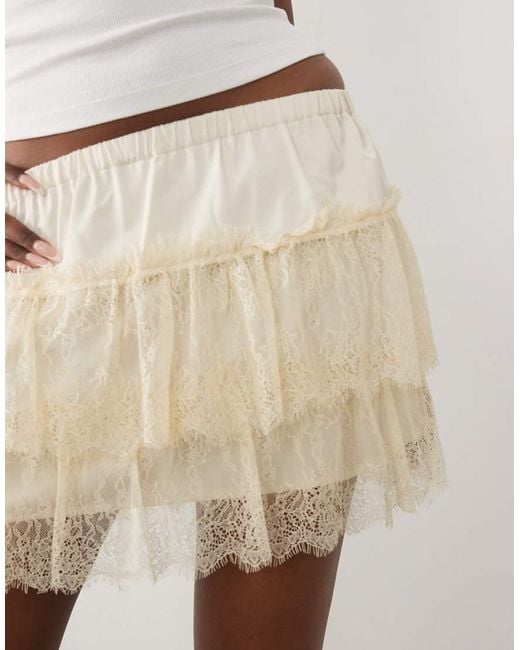 The Frolic Natural Exclusive Satin And Lace Ruffle Tiered Mini Skirt