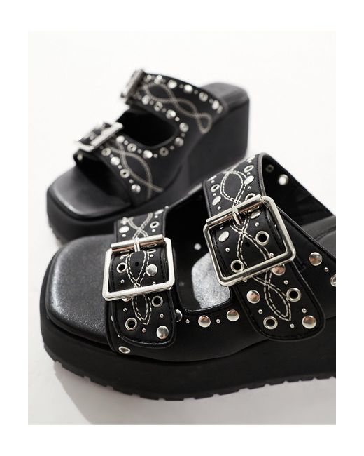 ASOS Black Texas Buckle Detail Studded Wedge Mules