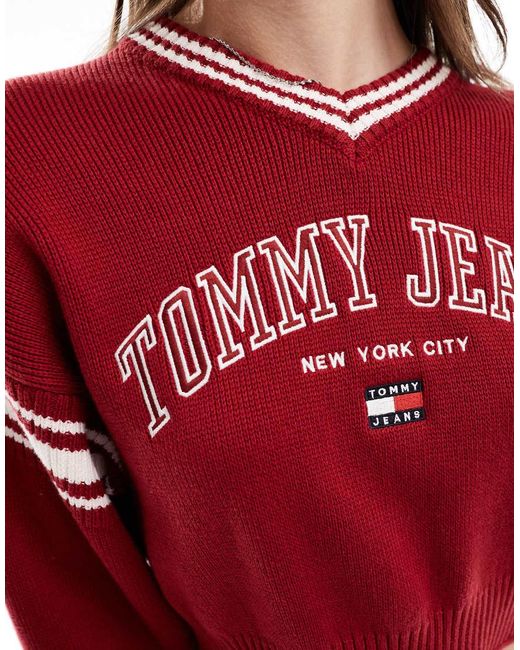 Tommy Hilfiger Red Crop Varsity V Neck Jumper