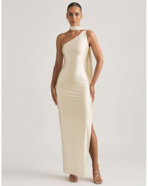 Oh Polly Natural Tie Neck Detail One Shoulder Maxi Dress