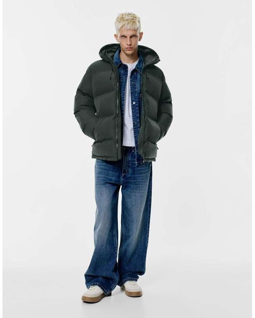 Pull&Bear Blue Heat-sealed Quilted Jacket With Hood for men