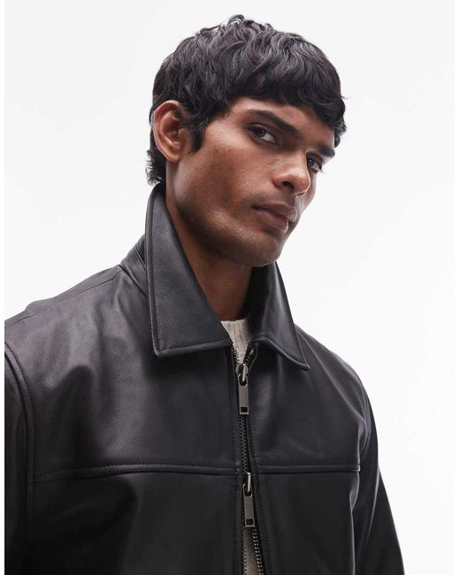Mens black leather jacket with collar best sale