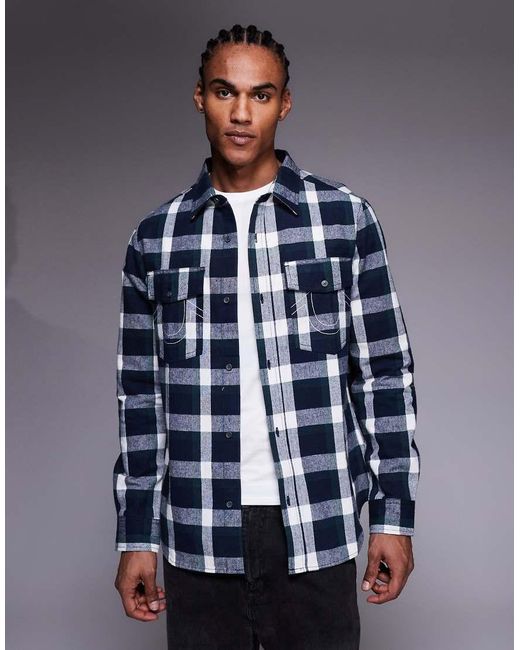 True Religion Blue Long Sleeve Plaid Logo Shirt With Back Print for men