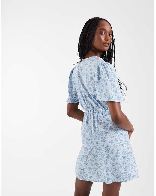 Vero Moda Blue Flutter Sleeve Wrap Front Mini Dress