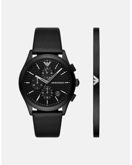 Emporio Armani Black Chronograph, Stainless Steel Watch And Bracelet Set for men