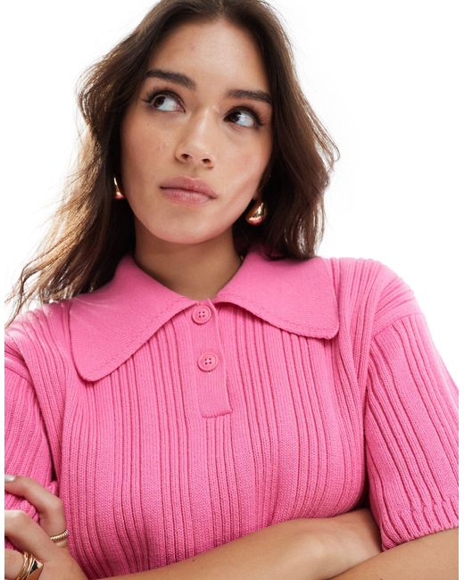 ASOS Pink Pleated Rib Knit Polo Top