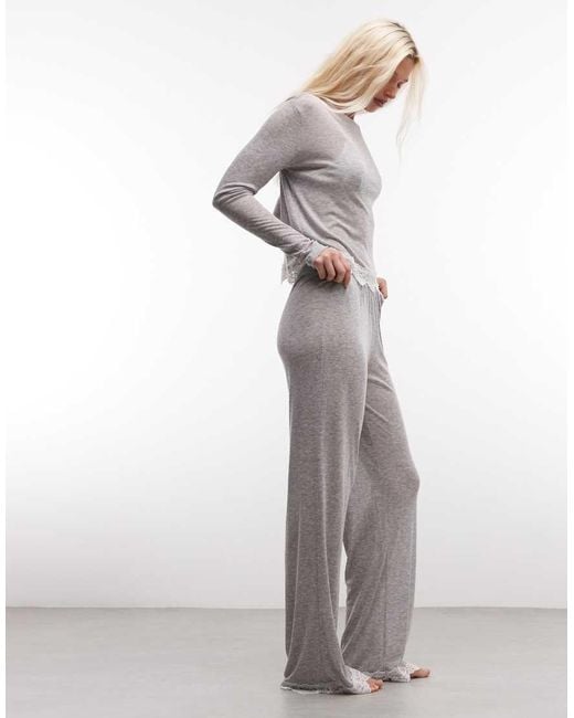 ASOS Gray Semi Sheer Long Sleeve Top With Lace Trim