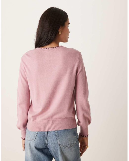 Threadbare Pink Crew Neck Sweater With Contrast Blanket Stitching