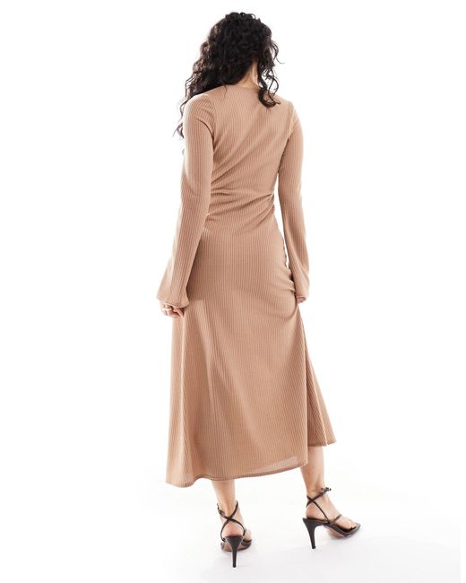 ASOS Brown Plunge Long Sleeve Maxi Dress With Beaded Trim
