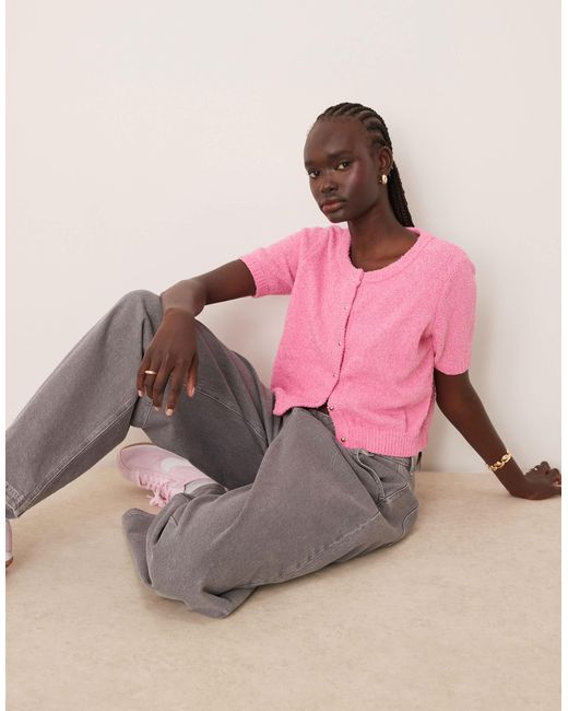 Vila Pink Fluffy Knit Short Sleeve Cardigan Style Top