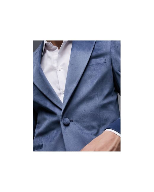 Topman Blue Skinny Single Breasted Velvet Blazer for men