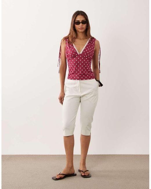 Miss Selfridge Red Ruched Shoulder V-Neck Tank Top With Lace Trim