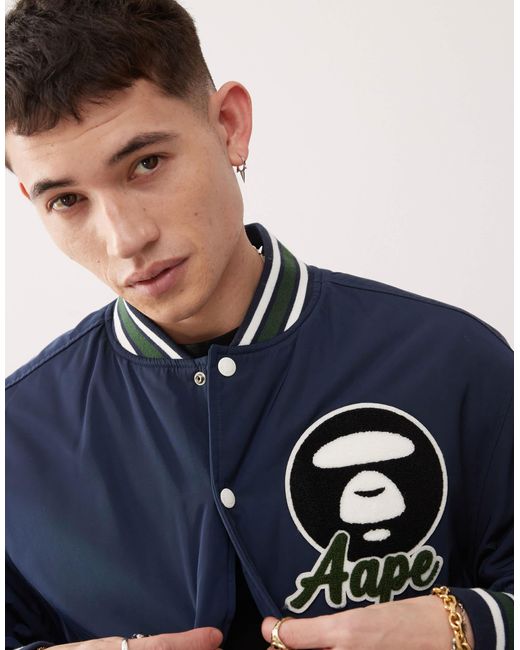 Aape By A Bathing Ape Blue Aape By A Bathing Ape Logo College Varisty Jacket for men