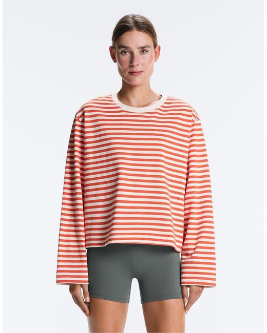 Oysho Red Striped Long-sleeved Cotton T-shirt
