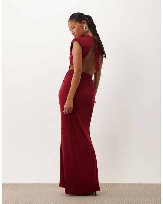 TFNC London Red Slinky Draped High Neck Shoulder Pad Open Back Maxi Dress