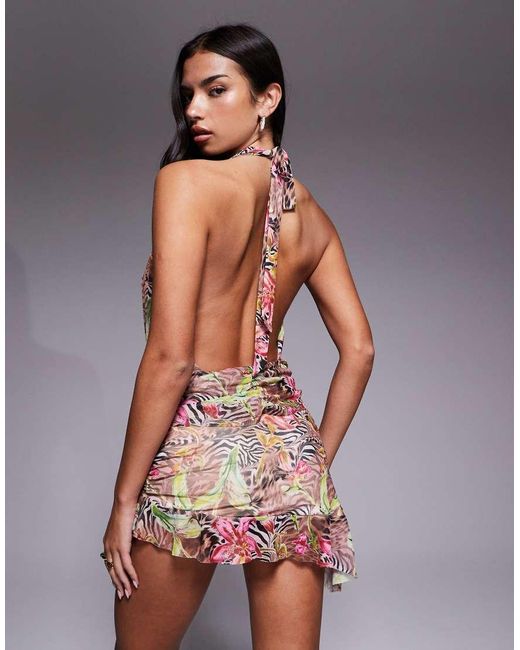 Edikted Gray Kora Mixed Print Backless Mini Dress