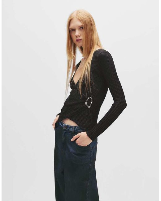 Pull&Bear Blue Crêpe Crossover Top With Buckle