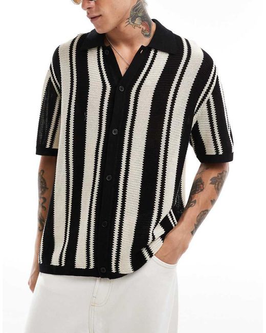 Bershka Black Crochet Stripe Shirt for men