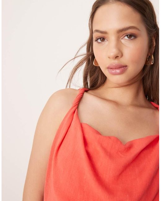 ASOS Pink Linen Mix Twist Shoulder Detail Midi Dress With Ruching