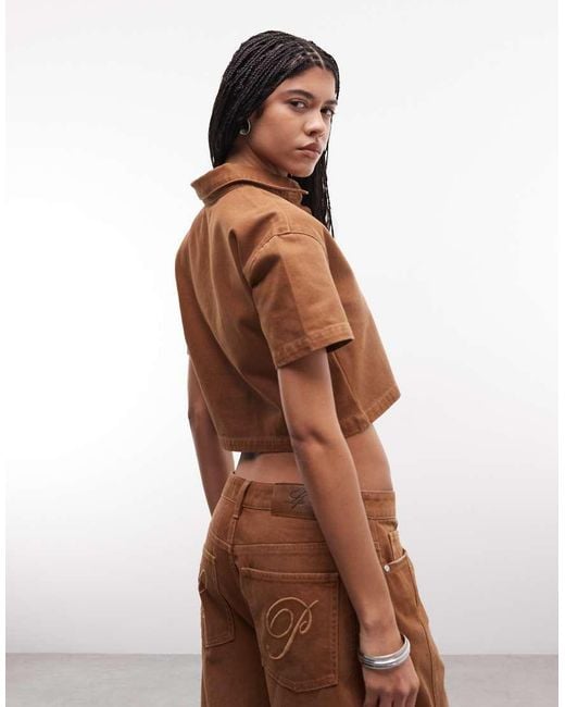 Liquor N Poker Brown Boxy Cropped Denim Shirt