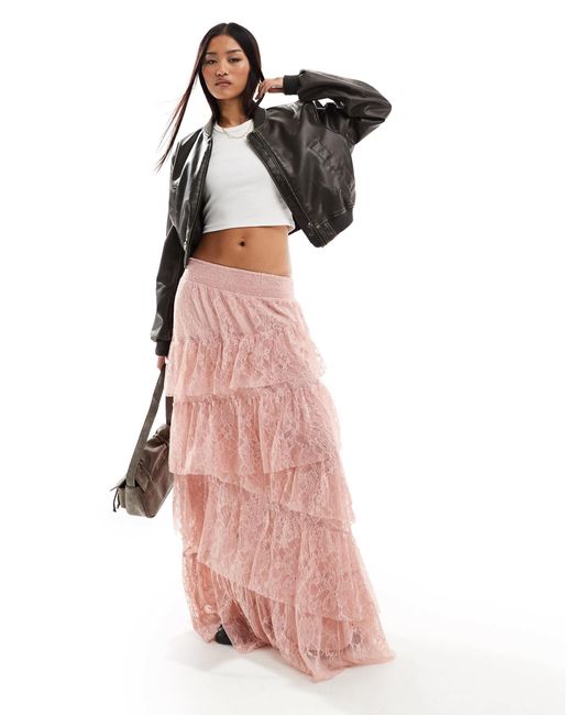Miss Selfridge Lace Tiered Maxi Skirt in Pink | Lyst