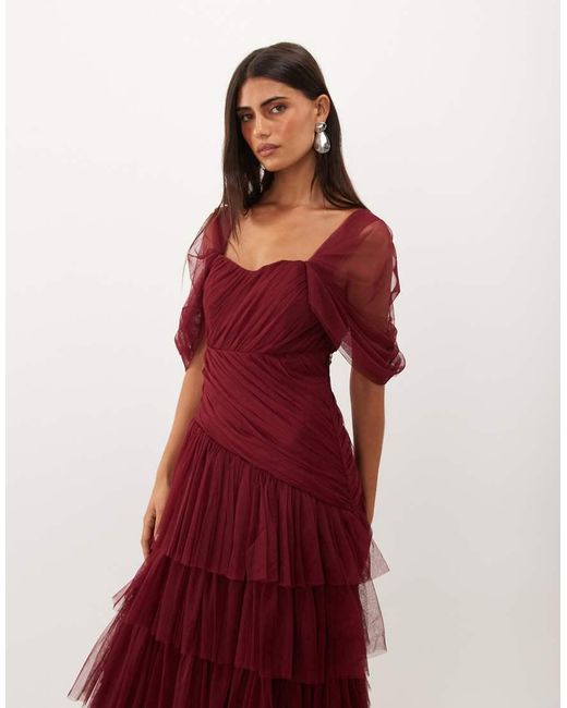 LACE & BEADS Red Tulle Fallen Shoulder Asymmetric Ruffle Detail Maxi Dress