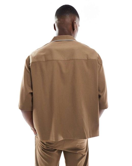 ASOS Brown Cropped Shirt With White Piping Detail for men