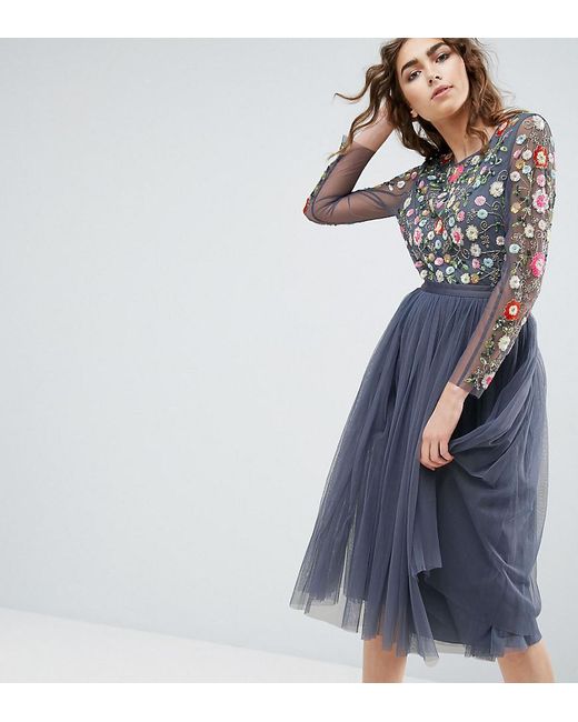 Needle & Thread Blue Needle And Thread Long Sleeve Embroidered Midi Dress