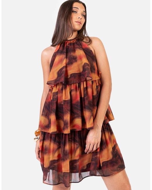 ANAYA Fire Marbel Print Halter Neck Tiered Swing Mini Dress