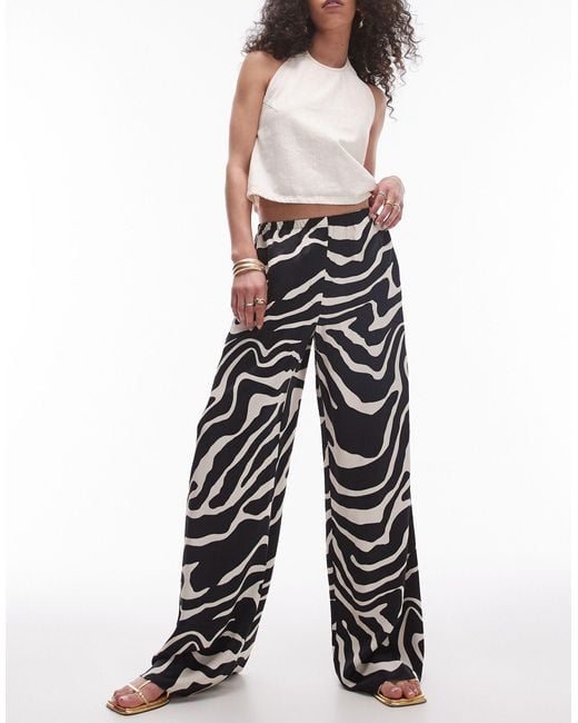 TOPSHOP Gray Satin Straight Leg Mono Zebra Print Trouser