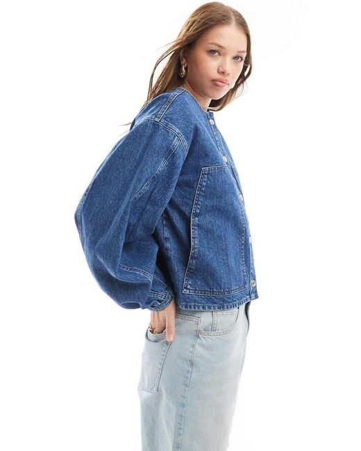 ASOS Blue Collarless Denim Jacket With Balloon Sleeve