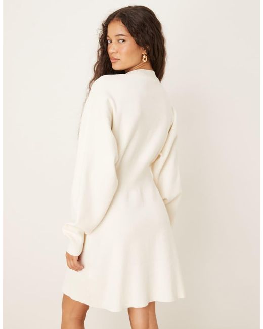 Gina Tricot Natural Long Bell Sleeve V Neck Mini Knitted Button Down Dress