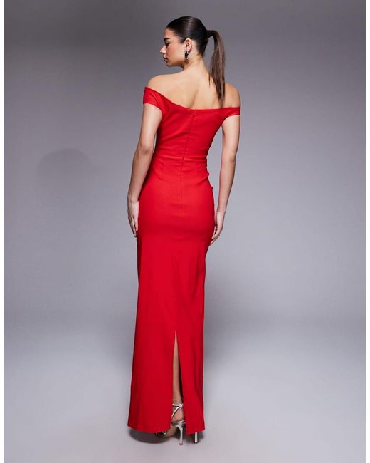 Vesper Red Bengaline Off-shoulder Maxi Dress